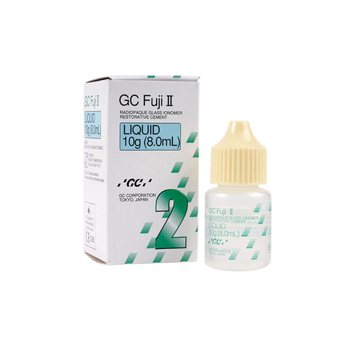 GC 000100 GC Fuji II - Liquid Only 8 ml Bottle. Fluoride-Releasing Radiopaque Self-Cure Glass Ionomer Restorative. GC 000100 GC Fuji II - Liquid Only 8 ml Bottle. Fluoride-Releasing Radiopaque Self-Cure Glass Ionomer Restorative.
